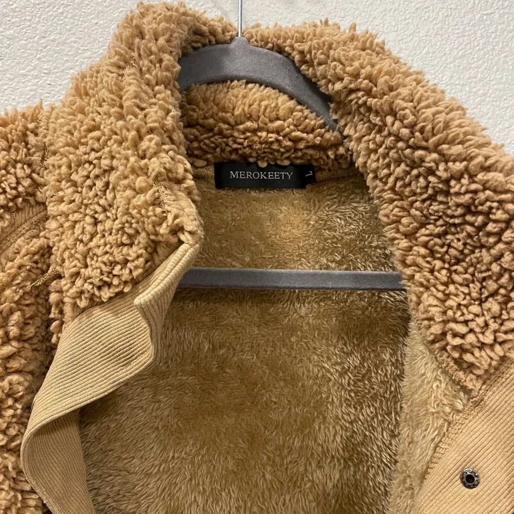 Merokeety Women’s Retro Deep Pile Teddy Bear Sherpa Fleece Jacket - Picture 2 of 6